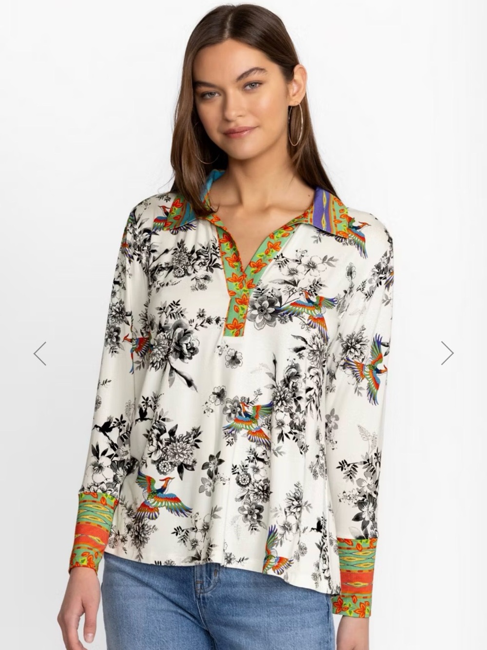 Johnny Was Dreamer Garden Split Front Henley Tee Boho Chic Women Size X-Large - Picture 2 of 8